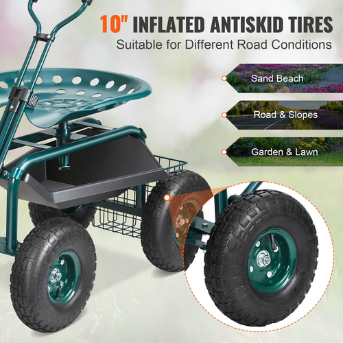 Κάθισμα εργασίας VEVOR Garden Cart Rolling με ρόδες, Σκαμπό κηπουρικής για φύτευση, Περιστρεφόμενο κάθισμα 360 μοιρών, Wagon Scooter με λαβή τιμονιού &amp; δίσκος βοηθητικών εργαλείων, χρήση για βεράντα, αυλή και εξωτερικούς χώρους, πράσινο