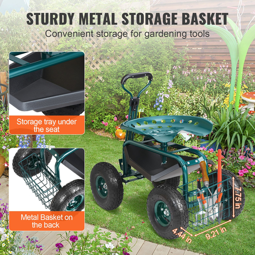 Κάθισμα εργασίας VEVOR Garden Cart Rolling με ρόδες, Σκαμπό κηπουρικής για φύτευση, Περιστρεφόμενο κάθισμα 360 μοιρών, Wagon Scooter με λαβή τιμονιού &amp; δίσκος βοηθητικών εργαλείων, χρήση για βεράντα, αυλή και εξωτερικούς χώρους, πράσινο