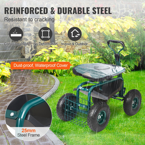 Κάθισμα εργασίας VEVOR Garden Cart Rolling με ρόδες, Σκαμπό κηπουρικής για φύτευση, Περιστρεφόμενο κάθισμα 360 μοιρών, Wagon Scooter με λαβή τιμονιού &amp; δίσκος βοηθητικών εργαλείων, χρήση για βεράντα, αυλή και εξωτερικούς χώρους, πράσινο