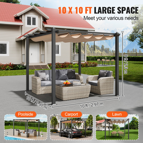 VEVOR 10&#039;x10&#039; Αναδιπλούμενη πέργκολα εξωτερικού χώρου με κουβούκλιο Αλουμινίου Μπεζ