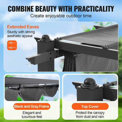 VEVOR 10&#039;x13&#039; Outdoor Retractable Pergola with Sun Shade Canopy Αλουμίνιο Γκρι
