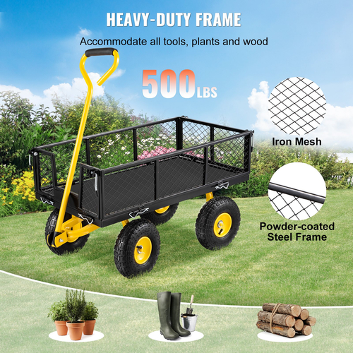 VEVOR Steel Garden Cart, Heavy Duty 500 lbs, με αφαιρούμενες πλευρές πλέγματος για μετατροπή σε επίπεδη επιφάνεια, Utility μεταλλικό βαγόνι με περιστρεφόμενη λαβή 180° και ελαστικά 10 in, ιδανικό για κήπο, αγρόκτημα, αυλή