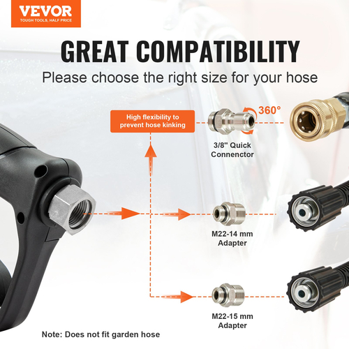 Πιστόλι VEVOR Short Pressure Washer Gun, 5000 PSI High Power Washer Spay Gun, M22-14 mm / M22-15 / 3/8&#039;&#039; Εισόδου &amp; Εξόδου 1/4&#039;&#039; Εύκαμπτο πιστόλι αφρού, Λαβή πλύσης πίεσης με 5 έγχρωμα ακροφύσια γρήγορης σύνδεσης