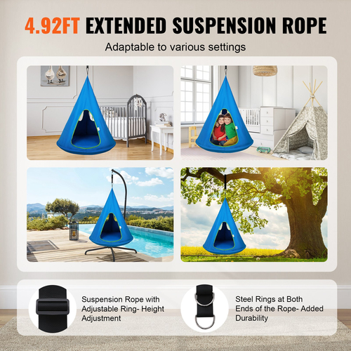 Καρέκλα VEVOR Kids Nest, Κρεμαστή καρέκλα αιώρας με ρυθμιζόμενο σχοινί, καρέκλα αιώρας για χρήση σε εσωτερικούς και εξωτερικούς χώρους για παιδιά (39&quot; D x 52&quot; Υ), Χωρητικότητα 250 λίβρες, Μπλε