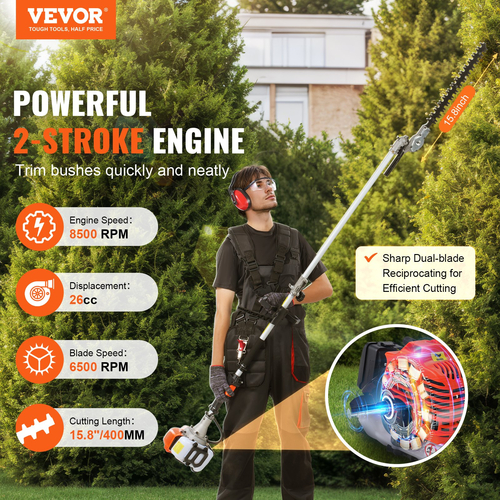 VEVOR 15,7 ιντσών 26CC κουρευτικό φράκτη αερίου 2 Κύκλων κουρευτικό φράκτη με τροφοδοσία αερίου