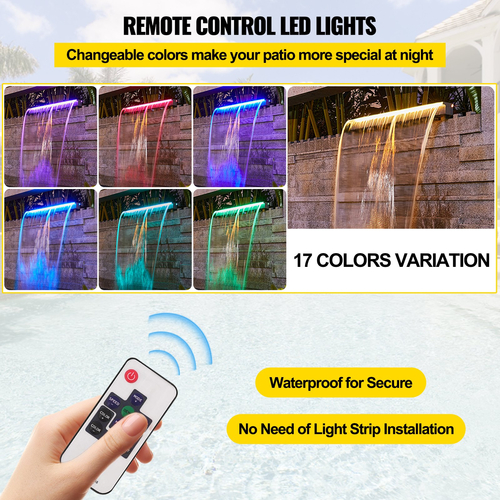 VEVOR Fountain Spillway 36,2x3,2x8,1 ιντσών, Pool Waterfall Fountain 17 Colors Led, Pool Water Fall Kit with Remote, Pool Spillway Consolid Acrylic Pool Waterfall for Garden Pond, Swimming Pool, Square