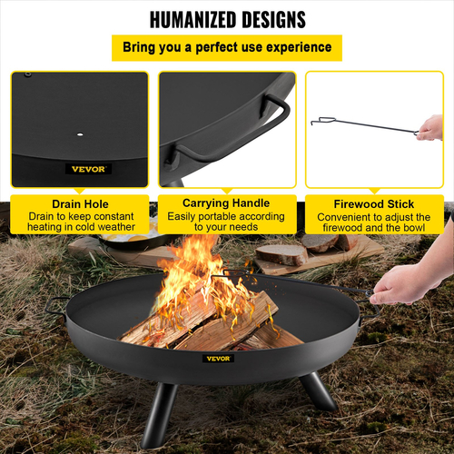 Μπολ VEVOR Fire Pit, 28 ιντσών βαθύ στρογγυλό μπολ από ανθρακούχο χάλυβα, καύση ξύλου για εξωτερικά αίθρια, αυλές και κάμπινγκ, με τρύπα αποστράγγισης, φορητές λαβές και ραβδί καυσόξυλου, μαύρο