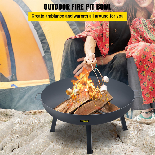 Μπολ VEVOR Fire Pit, 34 ιντσών βαθύ στρογγυλό μπολ από ανθρακούχο χάλυβα, καύση ξύλου για εξωτερικές αυλές, αυλές και κάμπινγκ, με τρύπα αποστράγγισης, φορητές λαβές και ραβδί καυσόξυλου, μαύρο