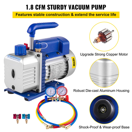 VEVOR 1.8CFM 1/4HP Κιτ αντλίας κενού ψυκτικού HVAC Μονοβάθμια αντλία κενού με μετρητές πολλαπλής Κλιματισμός (1.8CFM 1/4HP)