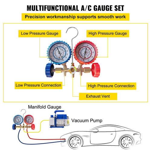 VEVOR 4CFM 1/4HP Αντλία κενού αέρα Ψύξη HVAC Σετ μετρητή πολλαπλής AC R134a Kit