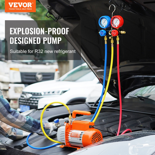 VEVOR 1/4 HP 4 CFM AC αντλία κενού και σετ μετρητή, Περιστροφικό πτερύγιο HVAC Air Vacuum Pump A/C Σετ πολλαπλής μέτρησης ψυκτικού μέσου, με τσάντα μεταφοράς εύκαμπτων σωλήνων τριών χρωμάτων, Ισχύει για R134a, R410a