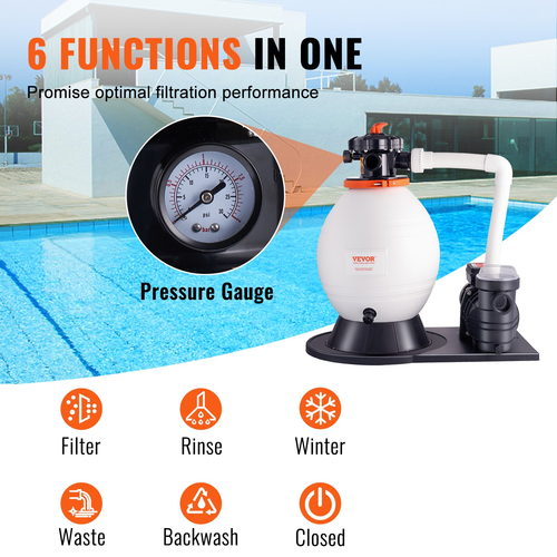 Vevor Sand Filter Pump Above Ground 1,14hp 850w Power 16-inch Sand Filter Tank 18000 L/h Ρυθμός ροής 18000 L/h Σύστημα Αντλίας Πισίνας &amp; Φίλτρα Combo Σετ με βαλβίδα πολλαπλών θυρών 6 κατευθύνσεων και καλάθι φίλτρου, για οικιακές και εμπορικές πισίνες