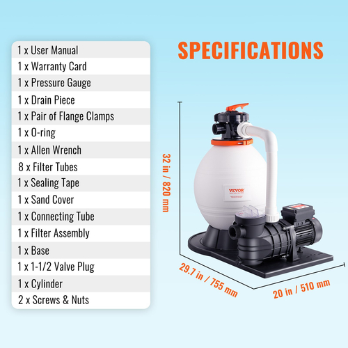 Vevor Sand Filter Pump Above Ground 1,14hp 850w Power 16-inch Sand Filter Tank 18000 L/h Ρυθμός ροής 18000 L/h Σύστημα Αντλίας Πισίνας &amp; Φίλτρα Combo Σετ με βαλβίδα πολλαπλών θυρών 6 κατευθύνσεων και καλάθι φίλτρου, για οικιακές και εμπορικές πισίνες