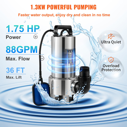 Υποβρύχια αντλία νερού VEVOR, 1300W 20000L/H, με καλώδιο 10 m και αυτόματο συνδεδεμένο διακόπτη πλωτήρα, ανοξείδωτο ατσάλι και χυτοσίδηρο για βρώμικα ή καθαρά, άδειες λίμνες κήπου, πισίνες, υδρομασάζ