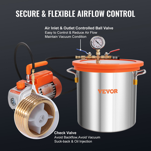 VEVOR 5 Gallon Vacuum Chamber and 3,5 CFM Pump Kit, Tempered Glass Lid Vacuum Chamber Dessing Kit, Μονοβάθμια αντλία κενού με φιάλη λαδιού 250 ml, για σταθεροποίηση ξύλου, απαέρωση σιλικονών, εποξειδικά