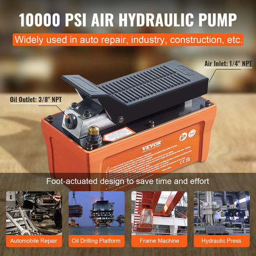 VEVOR Air Hydraulic Pump, 10.000 PSI 1/2 Gal Reservoir, NPT 3/8&quot; Oil Outlet, NPT 1/4&quot; Init, 6,6 ft Pipe, Foot Actuated Hydraulic Pump Air Treadle for Auto Body Frame Machines and Pulling Post, Πορτοκαλί