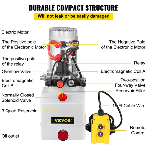 VEVOR Hydraulic Pump 3 Quart Hydraulic Power Unit Διπλής δράσης Υδραυλική αντλία για Dump Trailer Ανύψωση αυτοκινήτου Δοχείο πλαστικού λαδιού 12V DC (πλαστικό, διπλής δράσης)