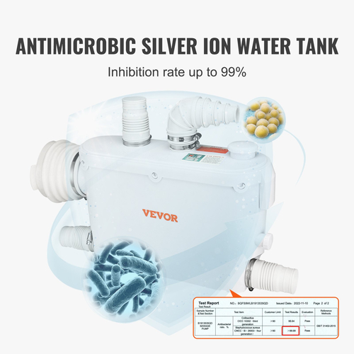 VEVOR Macerator Pump, 500W, 6600 L/h Flow, 26,2 ft/8 m Head, Macerator Pump Card Sump with 3 Water Intitions for Wullet, Underground, Κουζίνα, Νεροχύτη, Ντους, Μπανιέρα Απόρριψη Λυμάτων