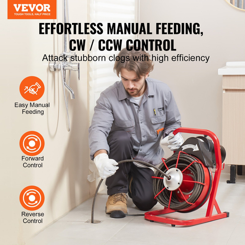 VEVOR Drain Cleaner Machine Drain Auger 75FT x 1/2 Inch Manual Feed &amp; 4 Cutters