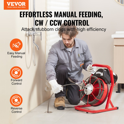 VEVOR Drain Cleaner Machine Drain Auger 50FT x 3/8 Inch Manual Feed &amp; 4 Cutters