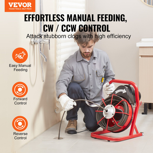 VEVOR Drain Cleaner Machine Drain Auger 75FT x 3/8 Inch Manual Feed &amp; 4 Cutters