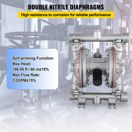 Αντλία διπλού διαφράγματος VEVOR Air-Operated, 1/2 σε είσοδο &amp; έξοδο, σώμα από ανοξείδωτο χάλυβα, 3 GPM &amp; Max 90 PSI, Πνευματική αντλία μεταφοράς διαφράγματος PTFE για πετρέλαιο, ντίζελ, λάδι και υγρά χαμηλού ιξώδους