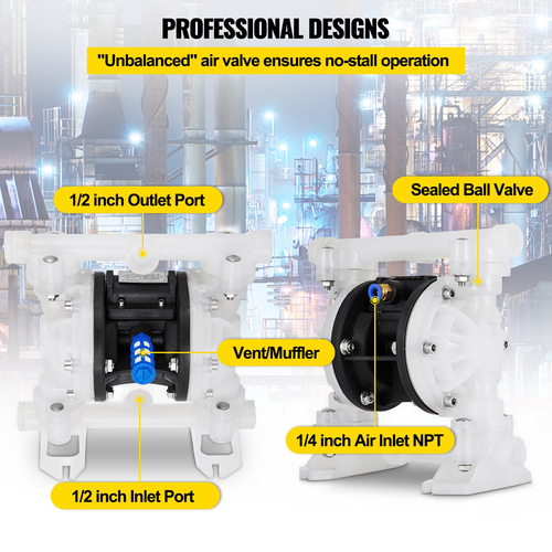 VEVOR Air Double Diaphragm Pump 7GPM 100PSI Αντλία νερού με διάφραγμα πολυπροπυλενίου με 1/2 σε θύρες εισόδου &amp; εξόδου Αντλία αέρα Διάφραγμα 226,4ft Max Head Air-operated Diaphragm Pump with Sealed Ball Valve