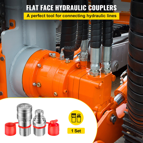 VEVOR Flat Face Hydraulic Couplers 1/2” Body 1/2” NPT Thread, Skid Steer Quick Connect Coupling, 4061 PSI Hydraulic Fittings, Pioneer Hydraulic Couplers with Dust Caps for Bobcat Case, Kubota