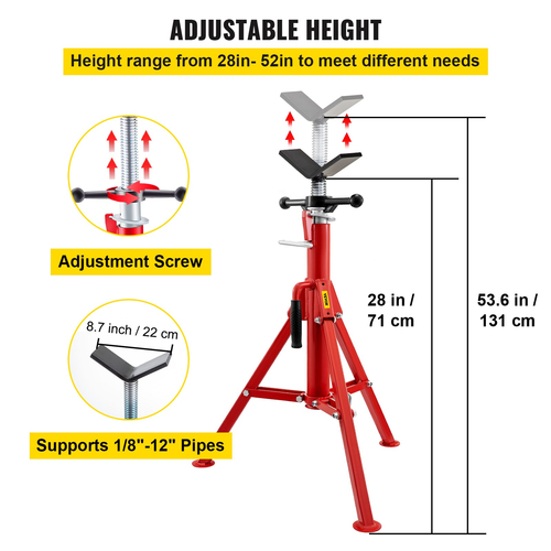 VEVOR V Head Pipe Stand 1/8 \&quot;-12\&quot; Χωρητικότητα, Ρυθμιζόμενο Ύψος 28\&quot;-52”, Βάση σωλήνων 2500 lb. Χωρητικότητα φορτίου, Φορητές αναδιπλούμενες βάσεις σωλήνων, σώμα από ανθρακούχο χάλυβα πιο ανθεκτικό