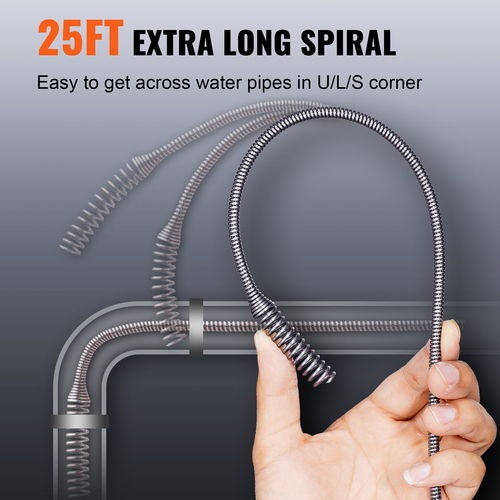 VEVOR Drain Auger 25Ft, Υδραυλικό φίδι με εξάρτημα τρυπανιού, Plumbers Snake Den Drain Remover για Νεροχύτη μπάνιου κουζίνας με προστατευτικό σωλήνα και γάντια