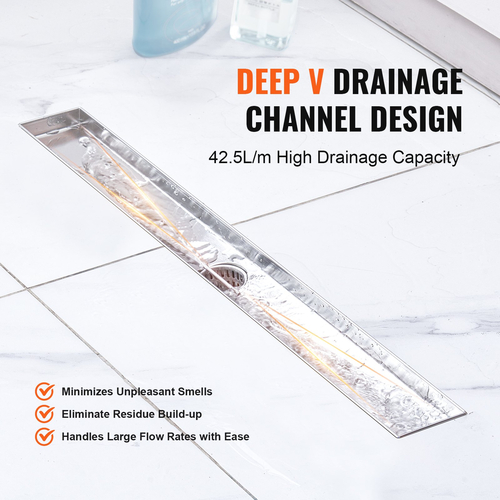 VEVOR 610mm Γραμμική αποστράγγιση ντους με κάλυμμα με ένθετο πλακιδίων, Βουρτσισμένο 304 Ανοξείδωτο ατσάλι ορθογώνιο αποστράγγιση δαπέδου ντους, γραμμική αποστράγγιση με ισοπεδωτικά πόδια, φίλτρο μαλλιών ασημί