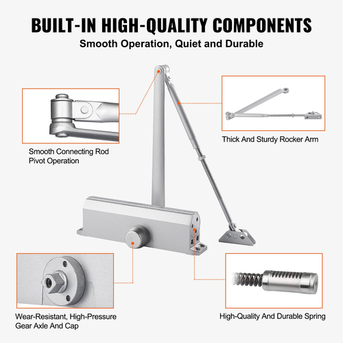 VEVOR Door Closer, Automatic Door Closer Εμπορική ή οικιακή χρήση για βάρη πόρτας 120 kg, Ρυθμιζόμενο μέγεθος Hydraulic Buffer Door Closers Heavy Duty Χυτό σώμα από αλουμίνιο, Εύκολη εγκατάσταση, Ασημί