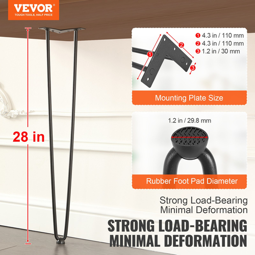 Πόδια επίπλων φουρκέτας VEVOR 711.2MM, Μεταλλικά DIY έργα για κομοδίνο, τραπεζάκι σαλονιού, γραφείο, χωρητικότητα 226,8 KG με προστατευτικά δαπέδου από καουτσούκ, μεταλλικά ανθεκτικά μοντέρνα πόδια τραπεζιού βαρέως τύπου, 4 ΤΕΜ.