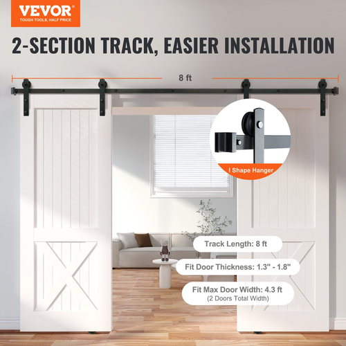 VEVOR 8FT Sliding Barn Door Hardware Kit, 330LBS Heavy Duty Tran Door Barn Kit for Double Doors, Fit 3,7-4,3FT Total Wide και 1,3&quot;-1,8&quot; πάχος 2θυρου πάνελ, με λεία &amp; αθόρυβη τροχαλία (I Shape)