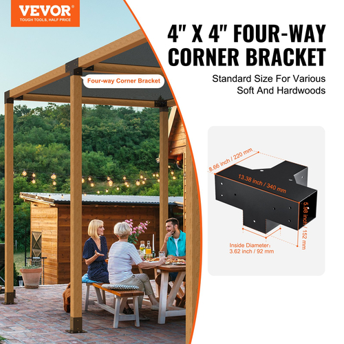 Σετ βραχίονα πέργκολας VEVOR 4&#039;&#039;x4&#039;&#039;, εσωτερικό μέγεθος 3,6&quot;x3,6 2τμχ Γωνιακό στήριγμα 4-Way Heavy Duty Woodworks DIY Post Base Kit, Ξύλινα δοκάρια εύκολης εγκατάστασης για κιόσκια, πέργκολες βεράντας, κουρτίνες εξωτερικής πέργκολας