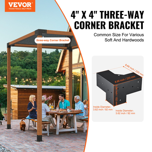 Σετ βραχίονα πέργκολας VEVOR 4&#039;&#039;x4&#039;&#039;, εσωτερικό μέγεθος 3,6&quot;x3,6 4τμχ Γωνιακό στήριγμα 3-Way Heavy Duty Woodworks DIY Post Base Kit, Εύκολη εγκατάσταση Ξύλινα δοκάρια για κιόσκια, πέργκολες βεράντας, ξύλινα σκεύη πέργκολας εξωτερικού χώρου