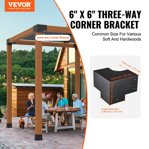 Σετ βραχίονα πέργκολας VEVOR 6&#039;&#039;x6&#039;&#039;, εσωτερικό μέγεθος 5,6&quot;x5,6 4τμχ Γωνιακό στήριγμα 3-Way Heavy Duty Woodworks DIY Post Base Kit, Εύκολη εγκατάσταση Ξύλινα δοκάρια για κιόσκια, πέργκολες βεράντας, κουρτίνες εξωτερικής πέργκολας