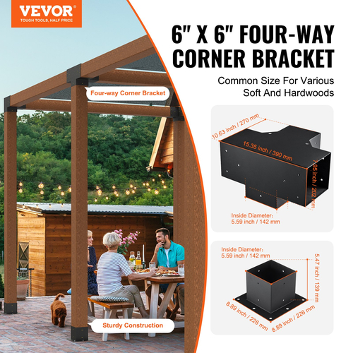 VEVOR Σετ βραχίονα πέργκολας 6&#039;&#039;x6&#039;&#039;,, Εσωτερικό μέγεθος 5,6&quot;x5,6 4τμχ Γωνιακός βραχίονας 4-Way Heavy Duty Woodworks DIY Post Base, Εύκολη εγκατάσταση Ξύλινα δοκάρια για κιόσκια, πέργκολες βεράντας, ξύλινα σκεύη πέργκολας εξωτερικού χώρου