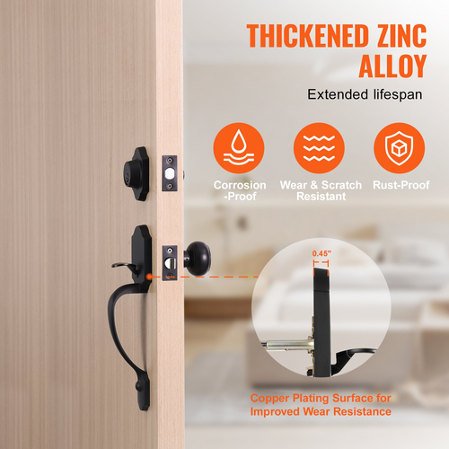 Σετ χειρολαβής μπροστινής πόρτας και Deadbolt VEVOR, Σετ κλειδαριάς μπροστινής πόρτας ματ μαύρο με εσωτερικό πόμολο, ρυθμιζόμενη απόσταση οπών μονοκύλινδρο χειρολαβή, για δεξιά και αριστερά είσοδο και μπροστινή πόρτα