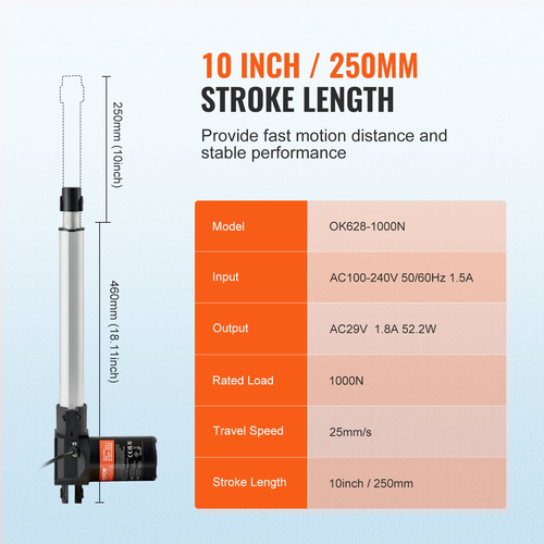 VEVOR 24V Linear Actuator Kit 10 Inch 0,98&quot;/s 220lbs/1000N with IP44 Protection