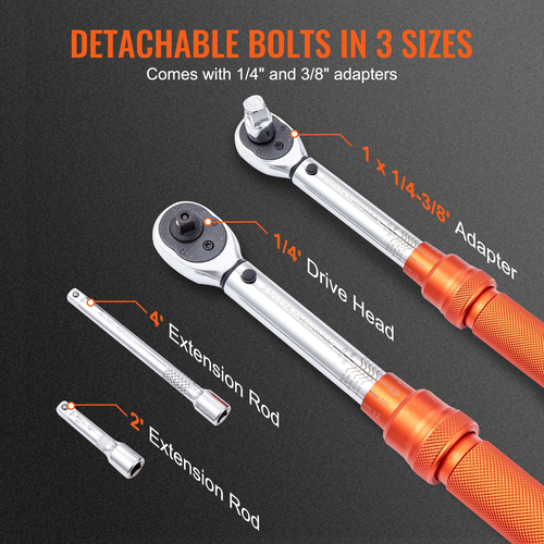 VEVOR Ροπόκλειδο, 1/4-ιντσών Drive Click Torque Wrench 20-200in.lb/3-23n.m, Ρυθμιζόμενο σετ δυναμόκλειδο διπλής κατεύθυνσης, Μηχανικό κιτ ροπόκλειδο ζυγαριών διπλού εύρους με ράβδο επέκτασης προσαρμογέων