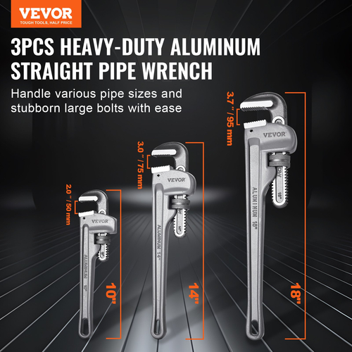 VEVOR 3PCS Αλουμινένιο Σετ κλειδί ίσιων σωλήνων 14/10/18 σε κλειδί υδραυλικών CRV Jaw