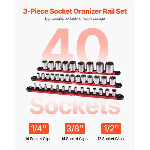 VEVOR Socket Organizer Rail Set 3PCS Aluminum Socket Organizers με 40 κλιπ