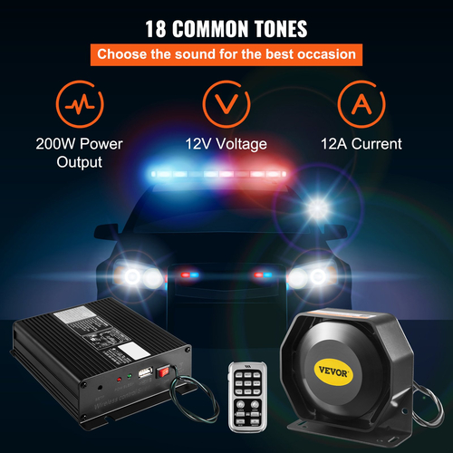 VEVOR Police Siren PA System with Compact Speaker, 12V 200W 18 Tone, Horn Ασύρματο μικρόφωνο χειρός προειδοποιητική σειρήνα έκτακτης ανάγκης για οχήματα Truck UTV ATV Car