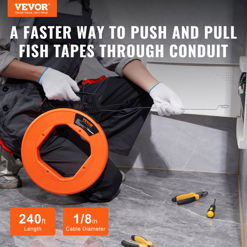 VEVOR Fish Tape, 240 ποδιών, 1/8 ιντσών, εξολκέα από χαλύβδινο σύρμα με βελτιστοποιημένο περίβλημα και λαβή, εύχρηστο εργαλείο εξολκέα καλωδίων, εύκαμπτα εργαλεία ψαρέματος με σύρμα για τοίχους και ηλεκτρικό αγωγό, μη αγώγιμο