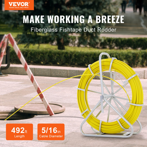 VEVOR Fish Tape Fiberglass, 492 ft, 5/16 in, Duct Rodder Fishtape Wire εξολκέας, ράβδος καλωδίου με βάση από χάλυβα καρούλι, 3 κεφαλές έλξης, εργαλεία ψαρέματος για τοίχους και ηλεκτρικό αγωγό, μη αγώγιμο