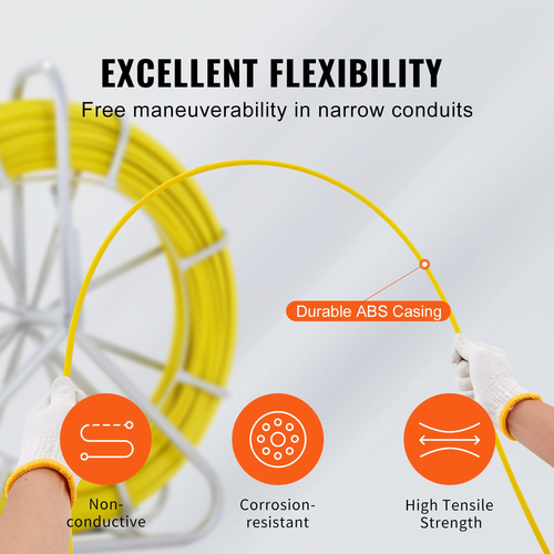 VEVOR Fish Tape Fiberglass, 425 ft, 1/4 ιντσών, Duct Rodder Fishtape Wire εξολκέας, ράβδος καλωδίου με βάση από χαλύβδινο καρούλι, 3 κεφαλές έλξης, εργαλεία ψαρέματος για τοίχους και ηλεκτρικό αγωγό, μη αγώγιμο