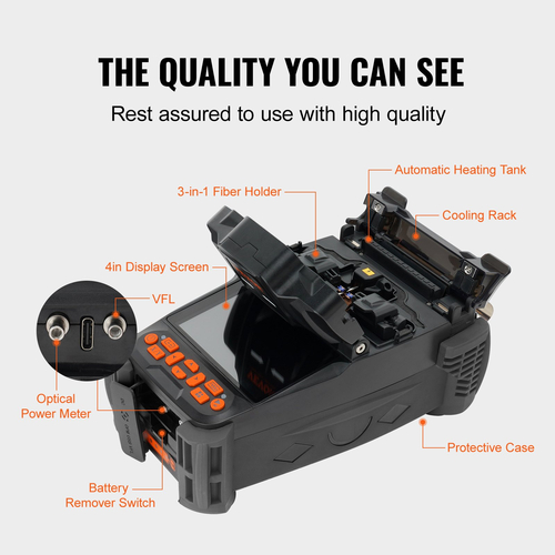 VEVOR Fiber Fusion Splicer 6 Motors, Core Alignment Fiber Optic Fusion Splicer με 4&quot; ψηφιακή οθόνη LCD, αποθήκευση εικόνας, 3 σε 1 Auto Focus Optical Fiber Holder Cleaver Kit 5-6s Spicing 9-25s Θέρμανση