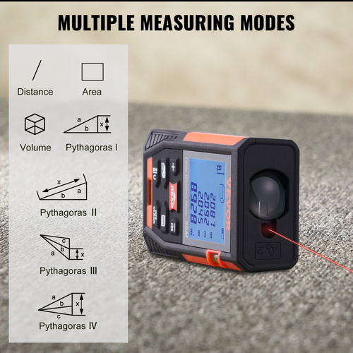 VEVOR Laser Measure, 50 m, ±1,6mm Ακρίβεια μέτρηση απόστασης λέιζερ με 2 επίπεδα φυσαλίδων, μονάδα ft/m/in/ft+in, μετρητής λέιζερ οθόνης LCD με οπίσθιο φωτισμό 50,8 mm, λειτουργία Pythagorean, Μέτρηση απόστασης, περιοχής και όγκου
