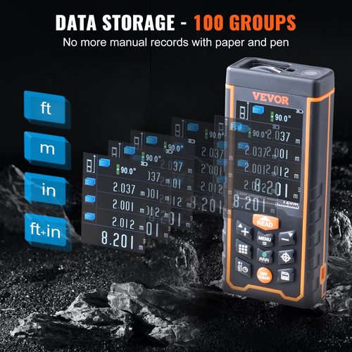 VEVOR Laser Measure, 122 m, ±1,6 mm Ακρίβεια μέτρηση απόστασης λέιζερ με αποθήκευση 100 ομάδων, ft/m/in/ft+in, 61 mm έγχρωμος μετρητής λέιζερ οθόνης LCD, λειτουργία Πυθαγόρειου, μέτρηση απόστασης, περιοχής και όγκου